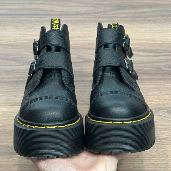 Dr. Martens Devon Flower Buckle Leather Platform Boots in Black Size 8.5 - Picture 7 of 16